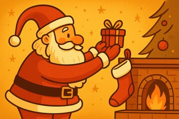 Cartoon Santa Claus placing Christmas gift in stocking by fireplace and tree on golden festive background, cozy holiday illustration. Illustration by Generative AI