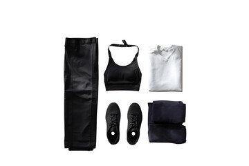 Stylish workout clothing essentials flat lay: Women's activewear including leggings, sports bra, tee shirt, running shoes for fitness fashion inspiration