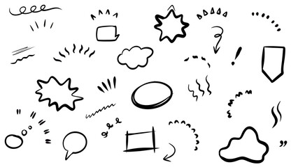 Doodle elements set: Hand-drawn sketch illustrations of arrows, shapes, speech bubbles, clouds, bursts for graphic design, banners, and creative projects. Vector illustration