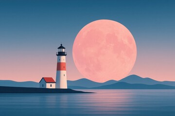 Lighthouse by the sea with giant full moon over mountains, minimalist pastel seascape in dreamy colors, calm and surreal night scenery. Illustration by Generative AI