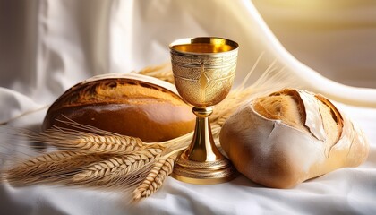 traditional corpus christi representation featuring bread wheat and ornate golden chalice on white cloth