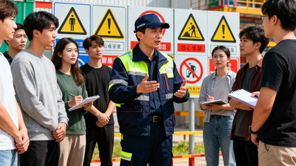 Asian man explaining safety and civil protection during a training session
