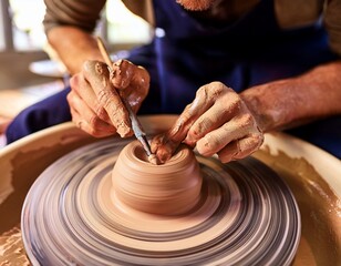 close up of pottery artist using tool opening a hole on clay on throwing wheel in class or studio
