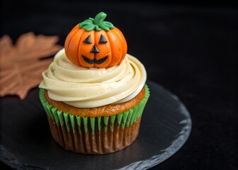 Halloween theme pumpkin cupcake on black