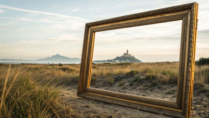 An elegant empty picture frame stands in a field, framing a stunning coastal view with a lighthouse and sea