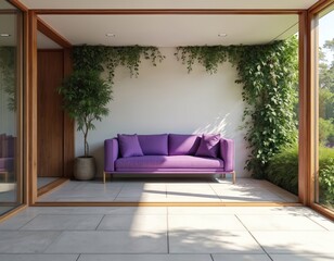 Modern interior living room with purple couch and green plants. Large windows offer natural light and garden view. Minimalist design for a peaceful, comfortable home.