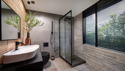 modern bathroom interior featuring glass shower enclosure wall mounted black toilet rectangular mirror minimalist sink with accessories decorative branches tiled walls