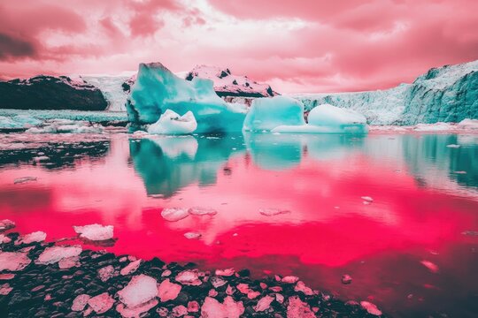 Glacial icebergs in a vibrant pink and teal lagoon