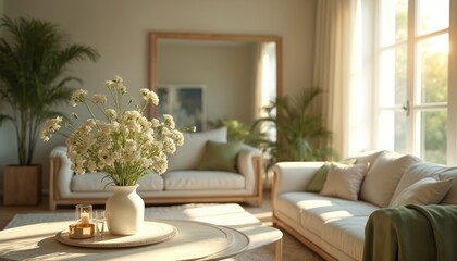 Bright living room features elegant decor, comfy furniture. White flowers in vase on coffee table. Cozy sofa with green pillows, large mirror, and plants. Warm natural light fills serene home space.