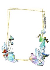Whimsical watercolor frame with golden borders,magic potion bottles, crystals, and mushrooms. Vertical mystical background for invitations, book covers, and social media.