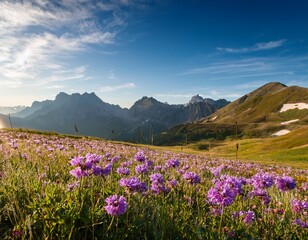 Fototapeta premium purple flower meadow with mountains in the background on a day