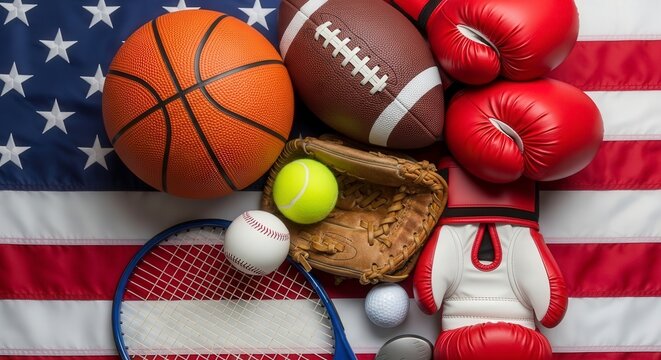 Collection of american sports equipment on us flag - Powered by Adobe
