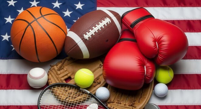 Assorted sports balls and gear arranged on american flag