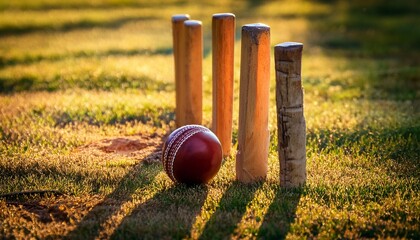 leather cricket ball resting on worn grass pitch wooden stumps casting shadows under golden light
