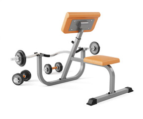 biceps preacher bench arm curl at fitness gym . isolated on white background . 3d render