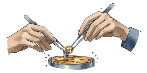 Two stylish, vintage-inspired hands using a delicate pair of silver tweezers to carefully place a tiny golden gear