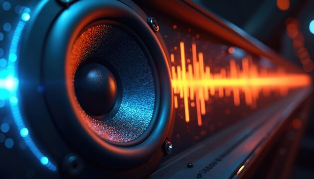 Close-up of car speaker emitting vibrant sound waves. Illustration showcases powerful audio performance and technological design. Dynamic vibrations radiate from device creating intense visual effect.