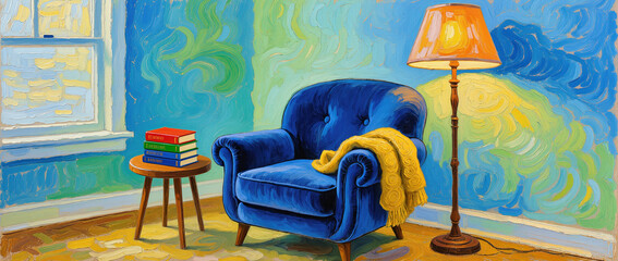 Cozy blue chair with a warm blanket in a colorful room