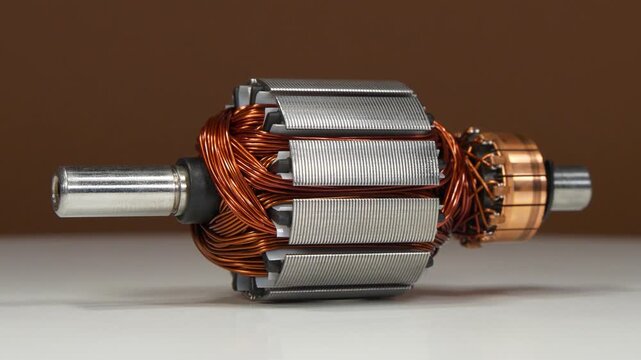 Armature or rotor of an electric motor with copper coil of a small household appliance, namely from percussion massager, on brown background