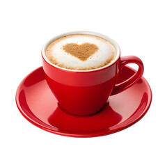 Obraz premium Red coffee cup with heart shaped foam art on a saucer