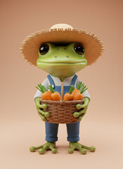 A Whimsical Frog Farmer with a Basket of Carrots Adorable Character Ready for Harvest Season