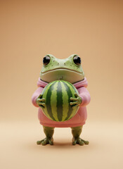 A Charming Frog Character Wearing a Pink Hoodie Holds a Watermelon Posing in Front of a Neutral Backdrop. Generative AI