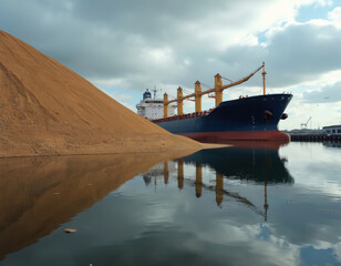 Fototapeta premium Large cargo ship docks at port, unloading granular material next to a massive sand pile. Calm water reflects cloudy sky and industrial machinery.