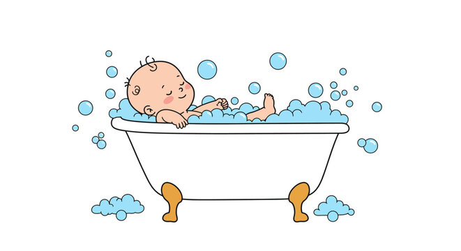 Cute baby enjoying bath time in tub with bubbles