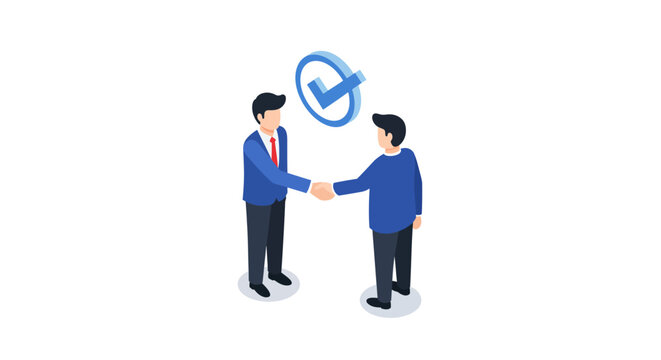 Business handshake with blue check mark in isometric style
