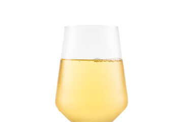 Close-up of a glass filled with white wine, isolated on a white background.