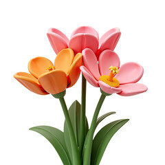 Three pink and orange tulips with green leaves isolated on transparent background