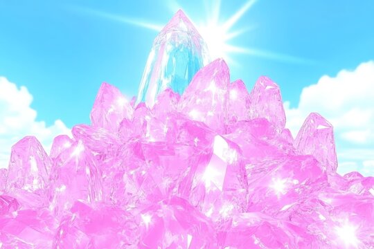 Radiant pink and light blue crystal cluster under bright sky