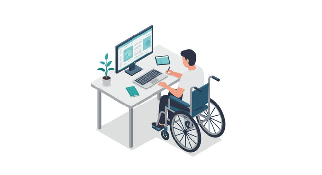Inclusive workspace with man in wheelchair using computer and devices - Powered by Adobe
