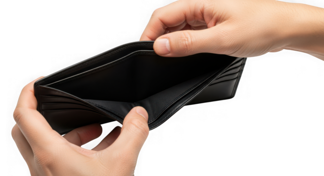 Empty wallet in hand isolated on transparent background showing financial crisis