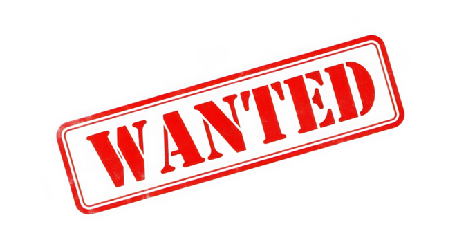 Red wanted stamp isolated on transparent background for crime and justice concept