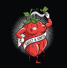Sweet and Sinful Anthropomorphic Strawberry Pin-Up Character with Food Tattoo Theme Vector