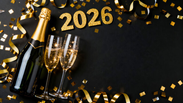 A festive scene features a bottle of champagne and two filled glasses surrounded by golden confetti and ribbons as everyone prepares to celebrate the arrival of 2026. Copy space