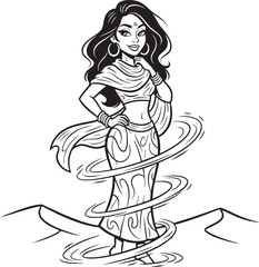 Beautiful Arabian Princess or Magical Genie Character in Desert Sand Storm Vector Illustration