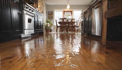 Kitchen flooded with water damage creating urgent need for professional restoration services