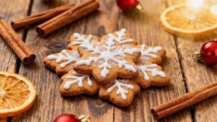 Winter holiday cookie decorated with icing and surrounded by spices and festive ornaments on a wooden table