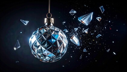 Shattered crystal-like ornament suspended mid-air with flying glass shards, set against dark blue gradient background