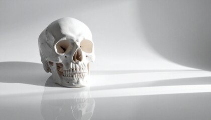 White anatomical skull model on reflective surface