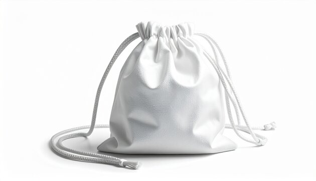 White drawstring pouch with smooth texture and extended strings on plain white background