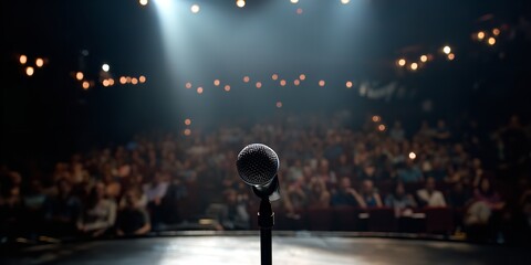 Spotlight shines on a microphone on stage anticipation builds for a captivating performance before a live audience