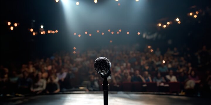 Spotlight shines on a microphone on stage anticipation builds for a captivating performance before a live audience