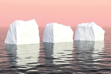 Three stylized icebergs float on a calm sea, against a soft pink sunset