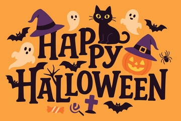 Black Cat and Witch Hat Halloween Typography with Bats, Ghosts, and Spooky Elements Vector Illustration
