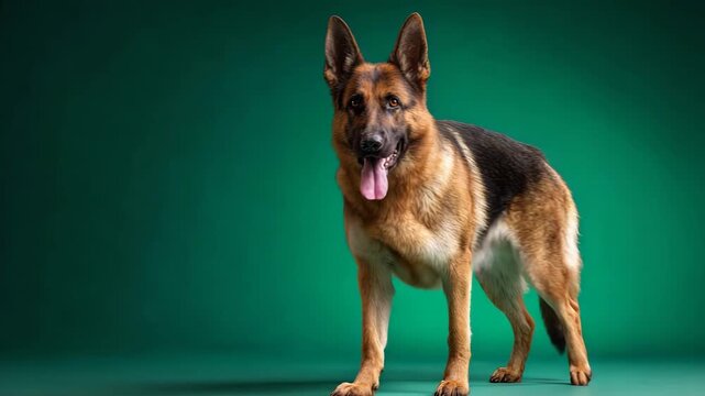 German shepherd poses for camera on green background