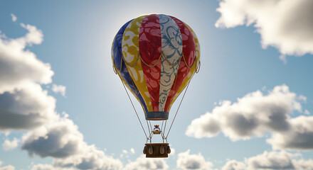 Naklejka premium Vibrant hot air balloon soars amidst scattered clouds in the sky