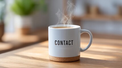 Contact coffee cup close-up flat lay soft lighting neutral palette wooden table blurred background minimalist composition